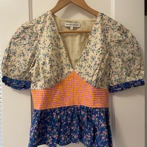 English Factory Cream Floral V-Neck Puff Sleeve Top with Pink/Yellow Waist
